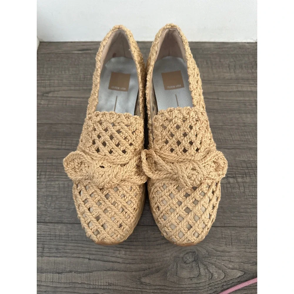 Dolce Vita Tan Woven Raffia Platform Loafers Knotted Bow Espadrille Shoes
